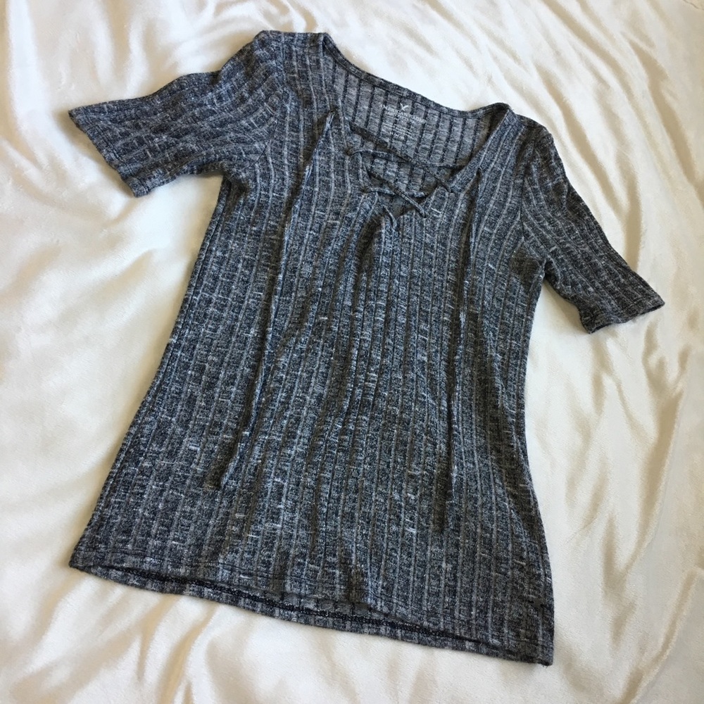 Ribbed Gray Lace Up Top